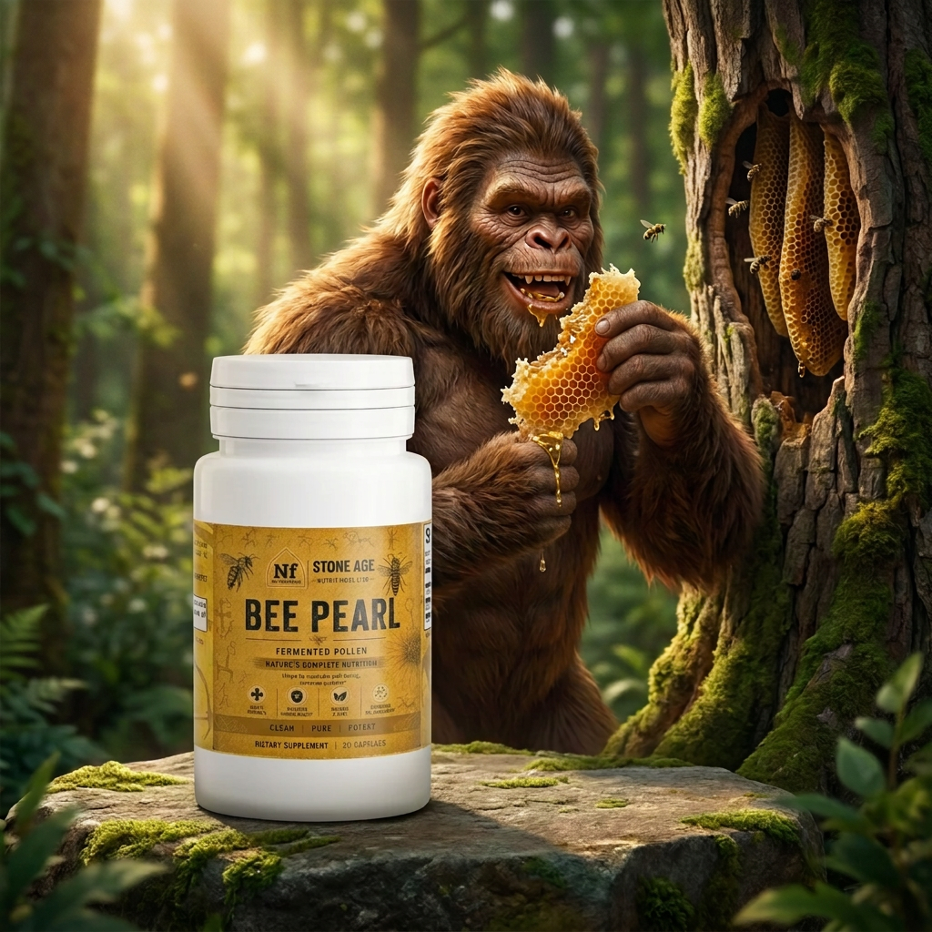 Bee Pearl capsules with Sasquatch eating honeycomb beside a wild tree hive