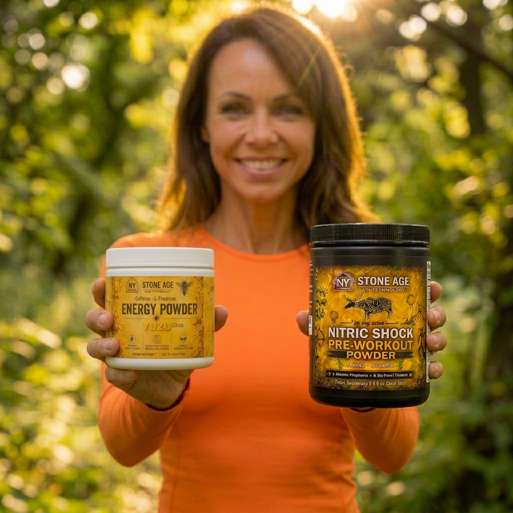 Model holding a smaller, shorter Energy Powder jar alongside pre-workout