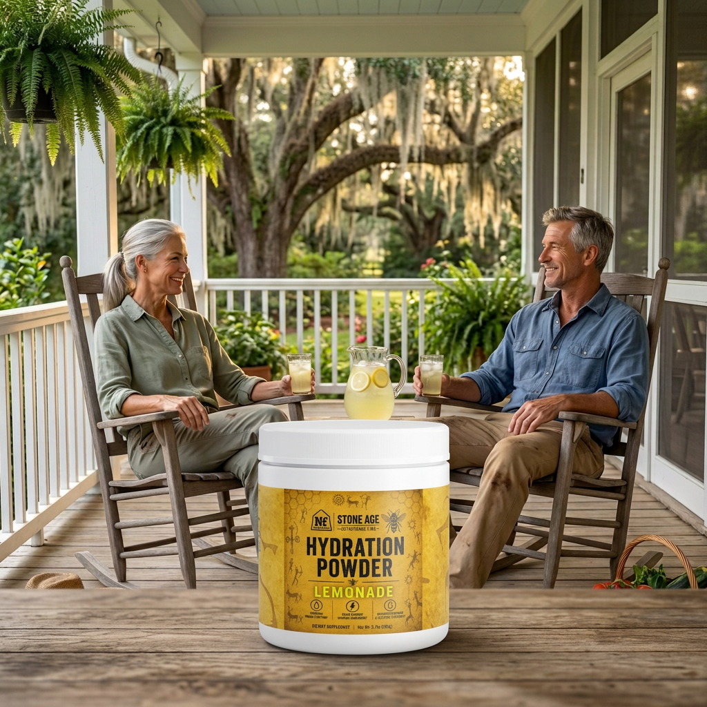 Lemonade Hydration Powder highlighted in the foreground of a Southern porch scene