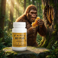 Bee Pearl capsules with Sasquatch eating honeycomb beside a wild tree hive