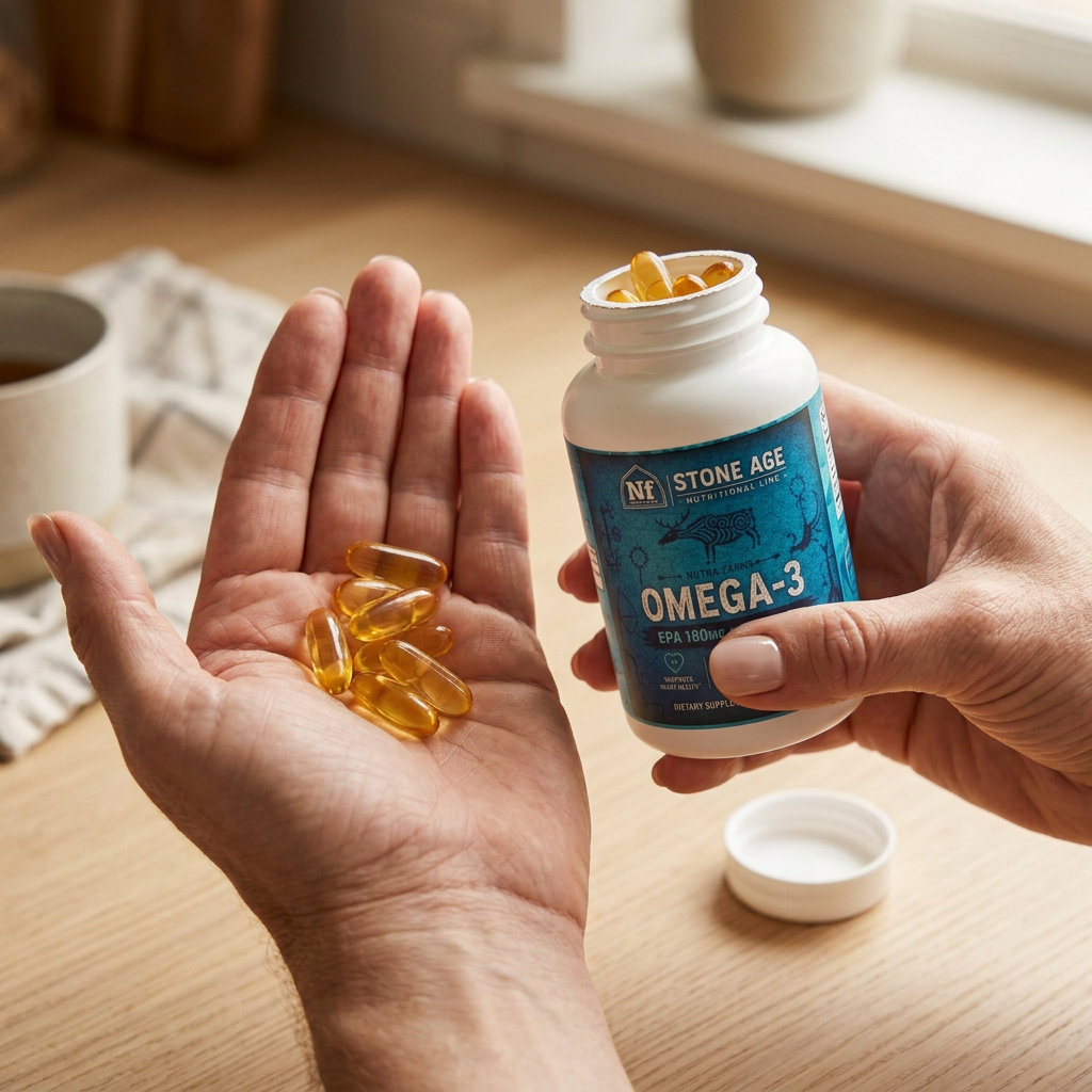 Female hands holding a larger open Omega-3 bottle and golden softgels