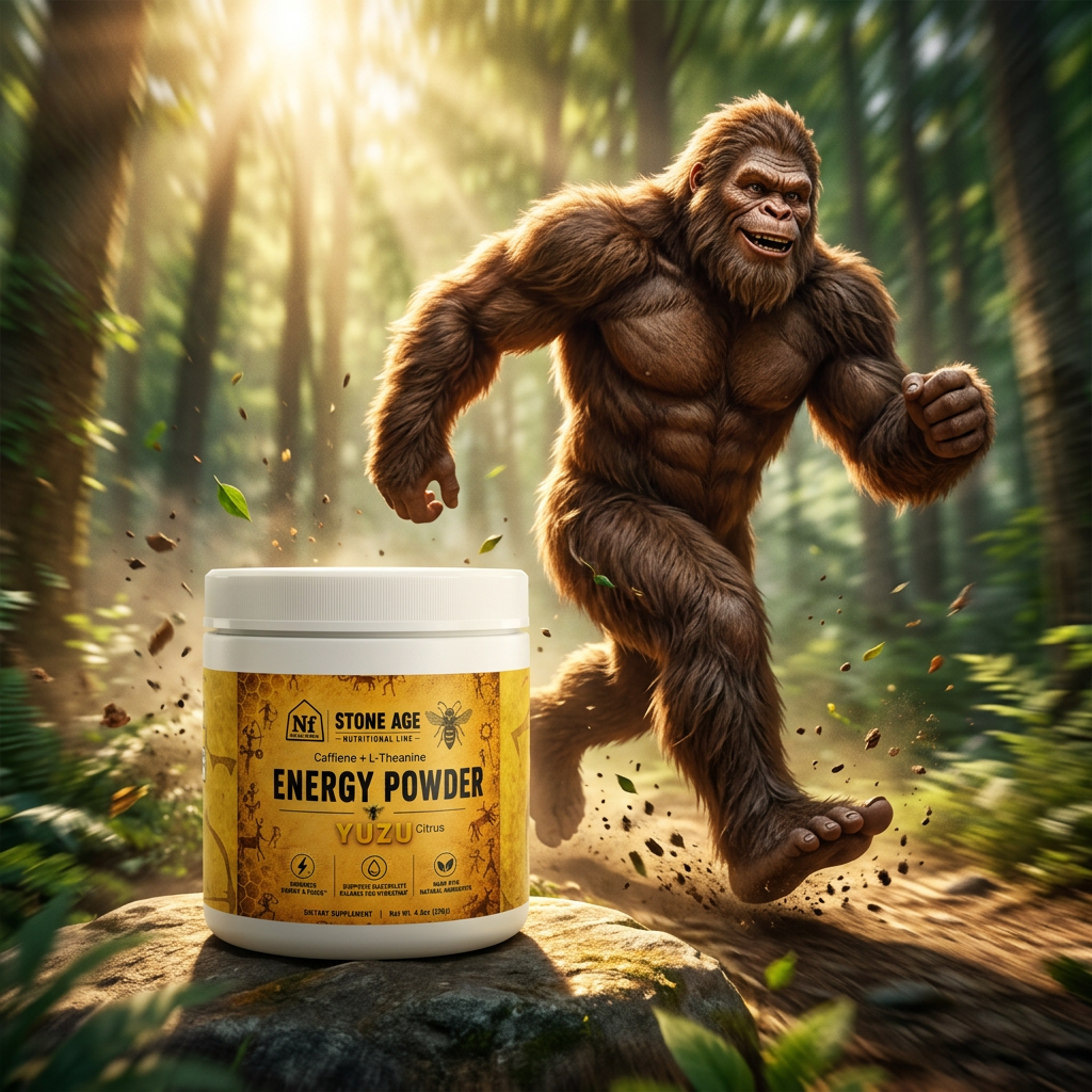 High-energy Sasquatch forest scene with Stone Age Yuzu Energy Powder