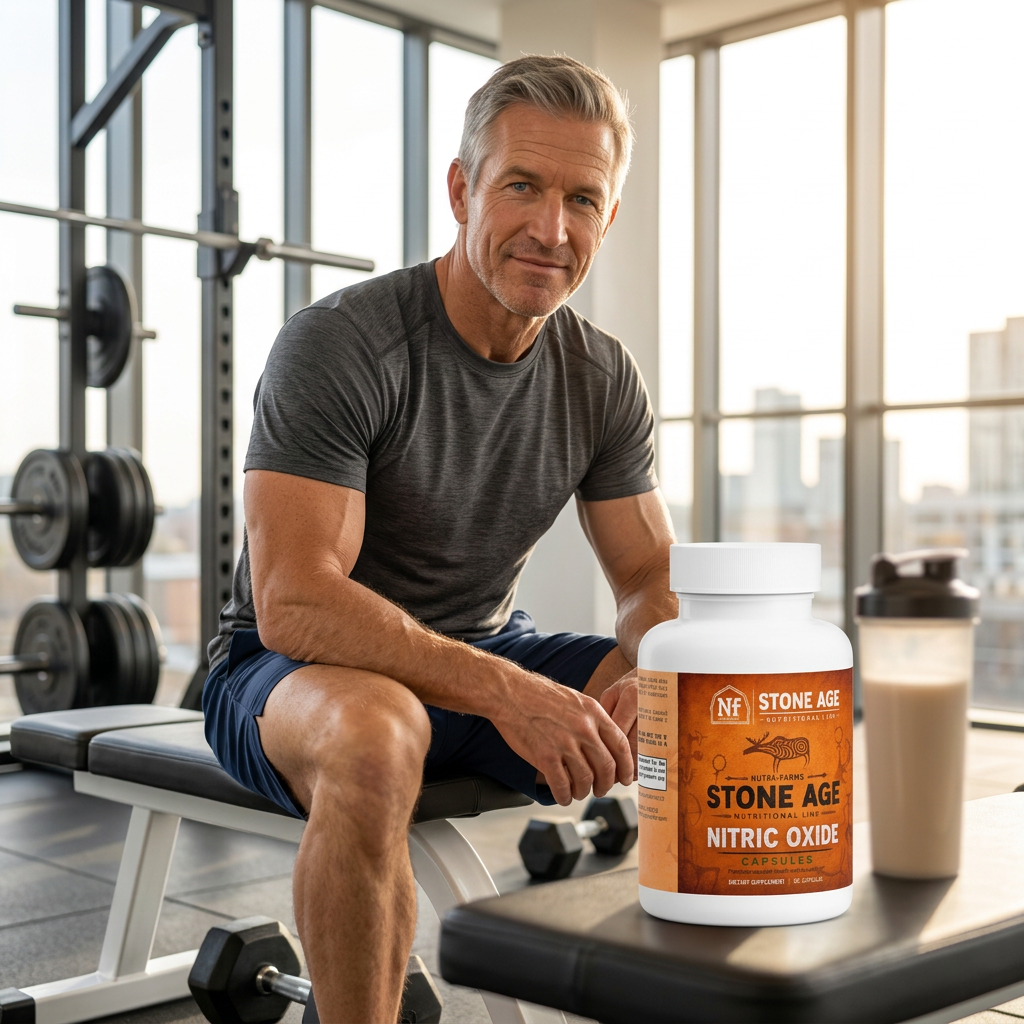 Male model in a gym with Stone Age Nitric Oxide Capsules in the foreground