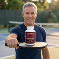 Male model presenting Resveratrol balanced on a pickleball paddle close to the camera