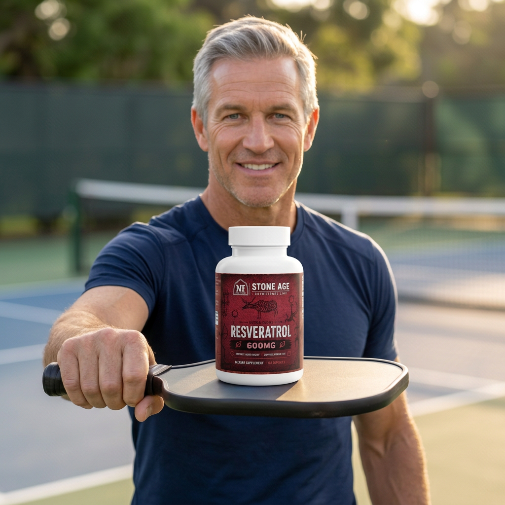 Male model presenting Resveratrol balanced on a pickleball paddle close to the camera