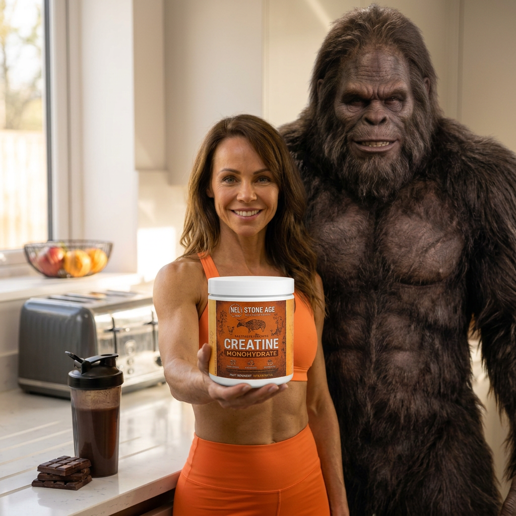 Model holding Creatine toward the camera with Sasquatch’s full face visible