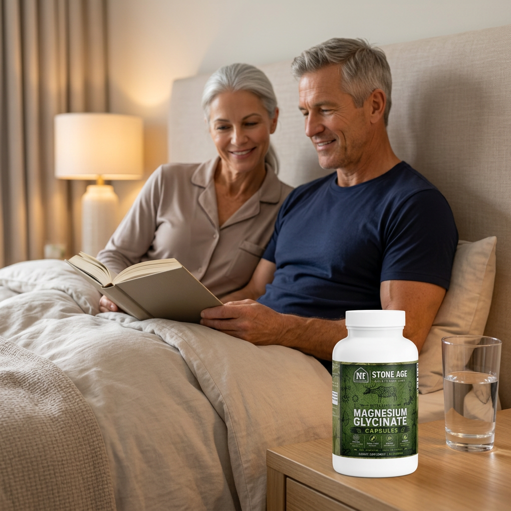 Older couple at bedtime with Stone Age Magnesium on their bedside table