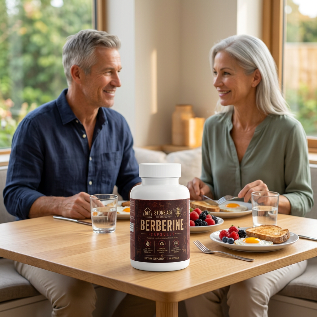 Older couple at breakfast with Stone Age Berberine Capsules in the foreground