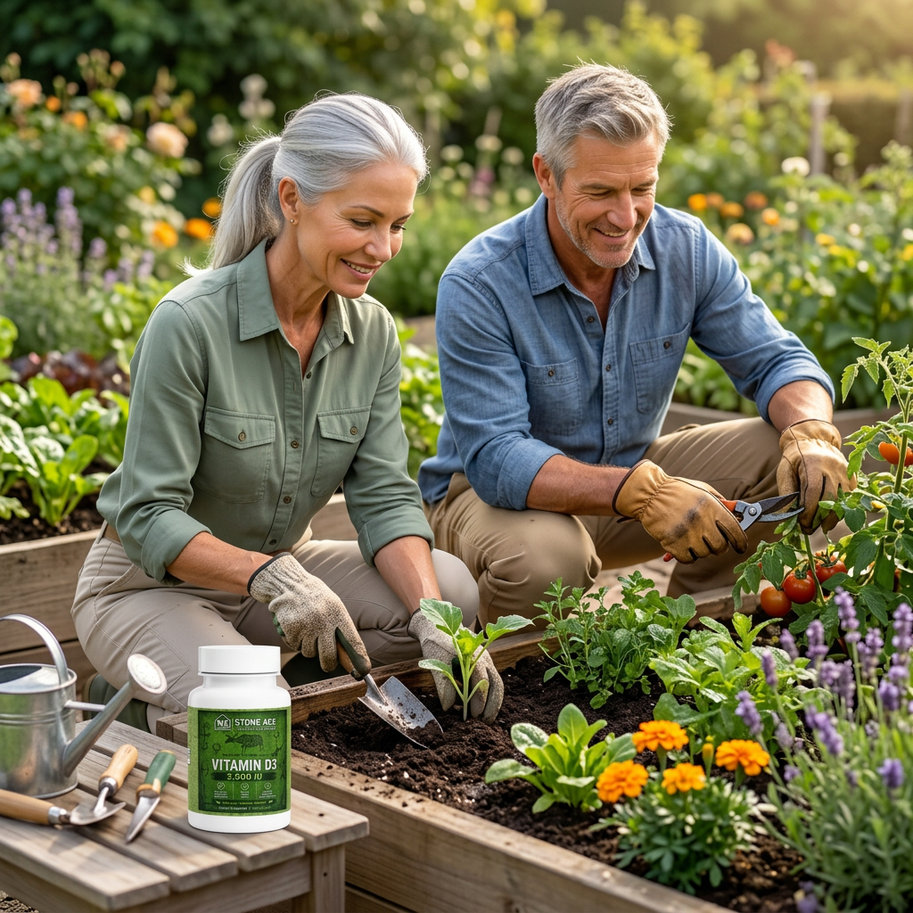 Older couple gardening with Stone Age Vitamin D3 nearby