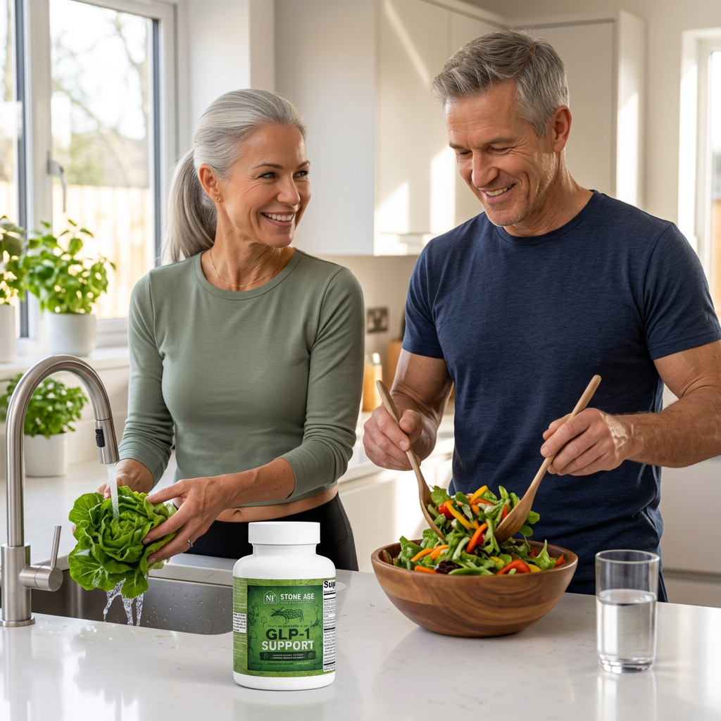 Older couple preparing a meal with Stone Age GLP-1 Support on the counter