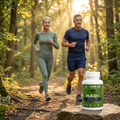 Older couple trail running with Stone Age NAD+ in the foreground