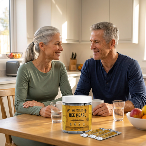 Older couple with Bee Pearl jar and sachets at a breakfast table