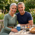 Older couple with compact Omega-3 bottle scaled to three inches tall