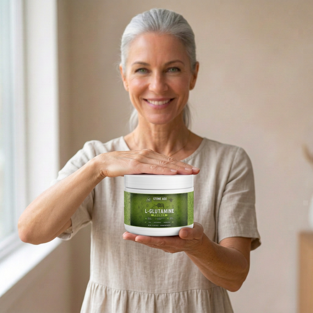 Older female model in a natural linen dress holding a smaller L-Glutamine tub toward the camera