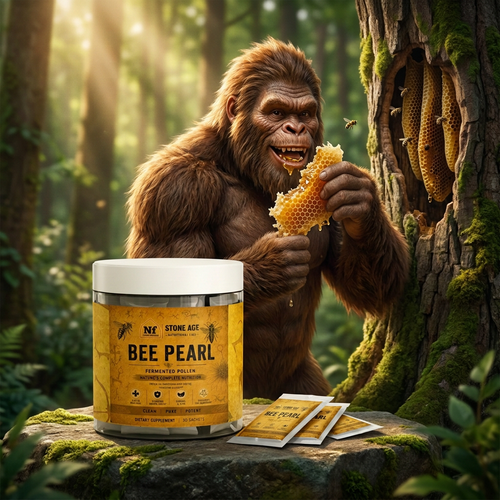 Sasquatch eating broken honeycomb beside a wild tree hive with Bee Pearl sachets