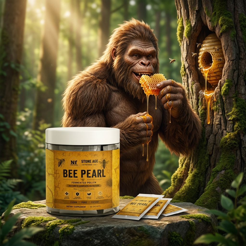 Sasquatch eating wild honey beside a forest beehive with Bee Pearl featured in the foreground