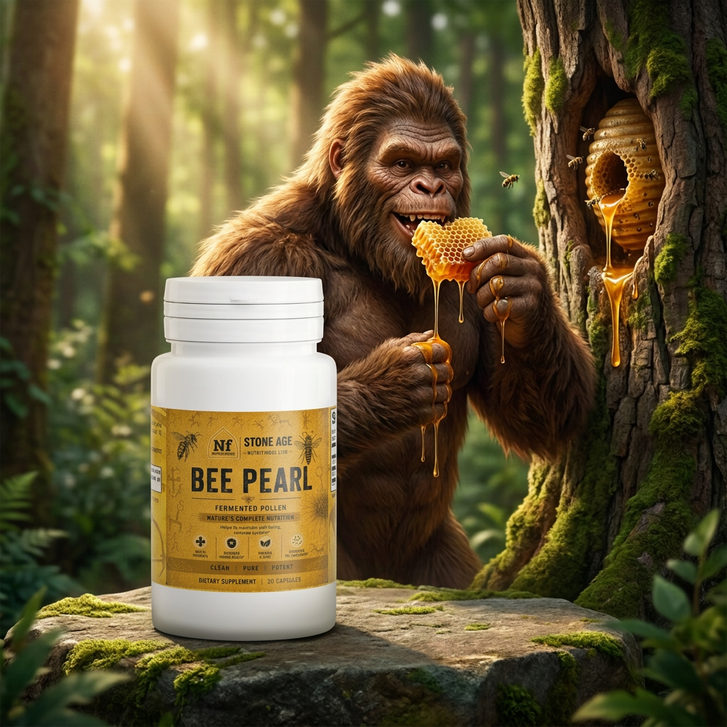 Sasquatch enjoying wild honey with Bee Pearl Capsules featured in the foreground